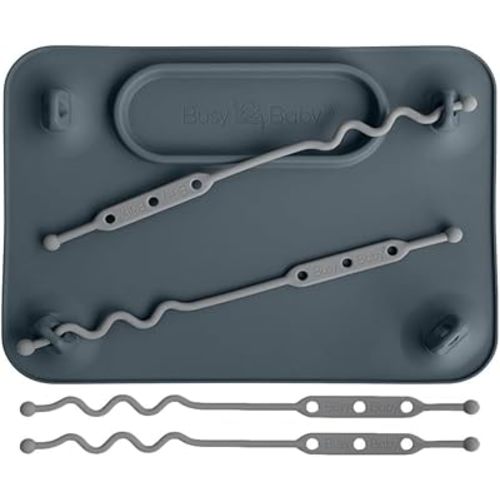 BUSY BABY Silicone Mat - New and Improved Suction Cups, 4 Straps to Secure Baby Essentials, Self Feeding, Baby Led Weaning, Travel Sleeve Included (Pewter)