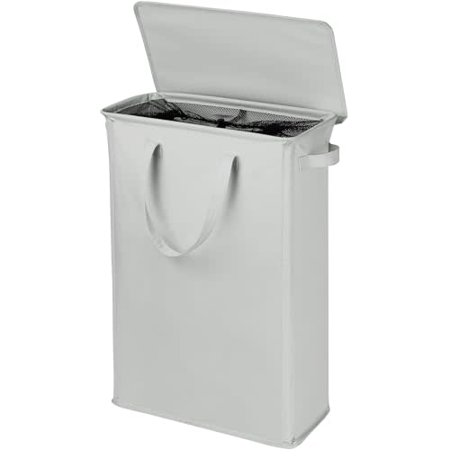 GOMAJI Slim Laundry Basket with Lid and Handles, Foldable Laundry Basket for Clothes, Clothes Hamper Easy to Carry, Dirty Hampers for Bedroom, Bathroom, Dorm, College, 12.7 Gallons(48L) LIGHT GRAY