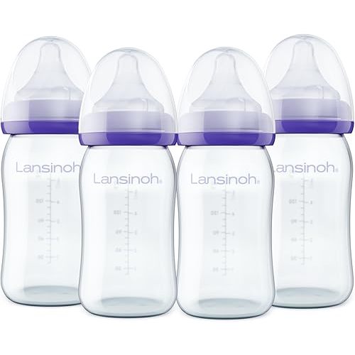 Lansinoh Anti-Colic Glass Baby Bottles, 5 Ounces, 4 Count Bottles for Feeding, Baby Essentials, Includes 4 Slow Flow Nipples, Size S