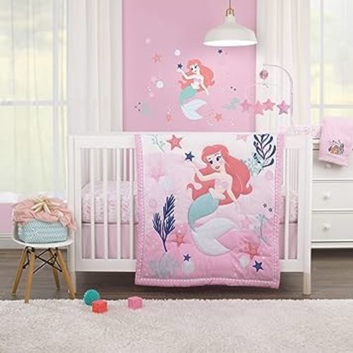 NoJo Disney The Little Mermaid Pink, Aqua, and Coral Ariel Cute by Nature 4 Piece Nursery Crib Bedding Set - Comforter, Fitted Crib Sheet, Changing Pad Cover, and Crib Skirt