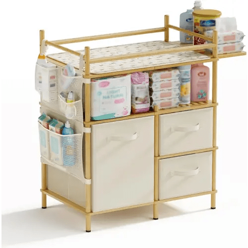 Amazer Baby Changing Table, Bamboo Diaper Changing Station with 3 Removable Storage Drawers, Baby Dresser Table with Flat Top, Large Storage Nursery Organizer Shelves with Pad, Mesh Pocket