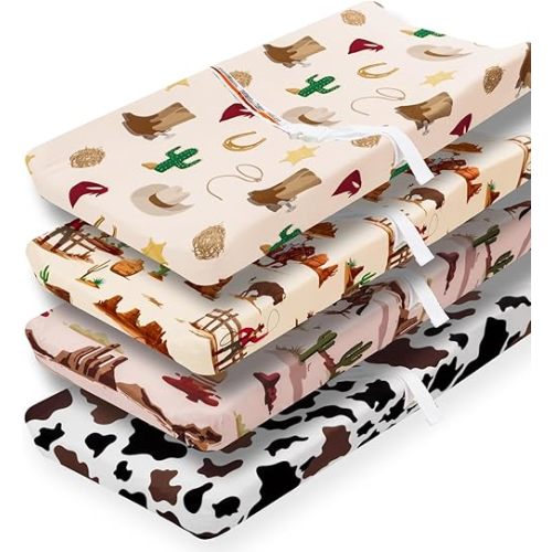 4 Pack Western Cowboy Crib Sheets Neutral Breathable Fitted Baby Sheets Nursery Sheets for Baby Boys or Girls (Changing Pad Cover)