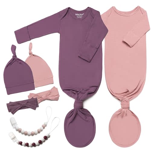 Noah Baby 2-Pack Luxurious Newborn Knotted Gown Set - Ultra-Soft Long Sleeve Gown for Baby with Hat, Headband & Pacifier Clip