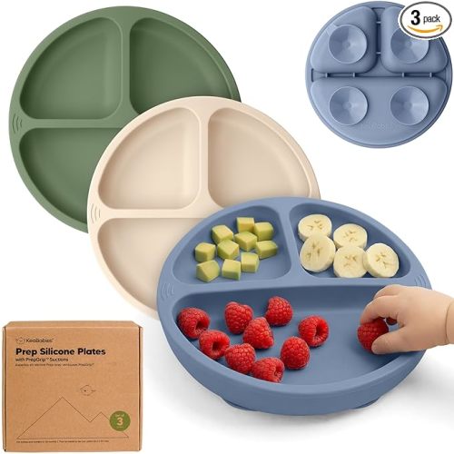 KeaBabies Suction Plates for Baby, Toddler - 3-Pack 100% Silicone Toddler Plates with Suction, Divided, BPA-Free Baby Led Weaning Essentials for Kids, Dishwasher, Microwave Safe, Durable (Slate)