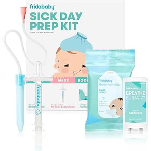 Frida Baby Sick Day Prep Kit, Sick Baby Essentials Includes NoseFrida Nasal Aspirator, MediFrida Pacifier Medicine Dispenser, Breathefrida Vapor Chest Rub + Snot Wipes, Soothe Stuffy Noses for Babies
