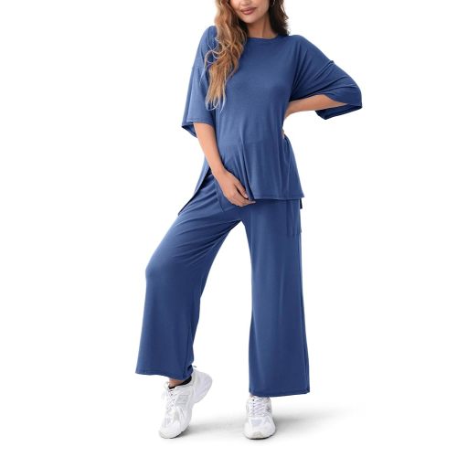 Maternity Lounge Set 2 Piece Outfits Matching Short Sleeve Top Adjustable Long Pants Pregnancy Summer Loungwear