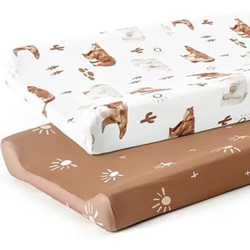 GRSSDER Stretch Ultra Soft Jersey Knit Changing Pad Cover Set 2 Pack, Change Table Pad Covers Fit 32"/34" x 16" Pads Safe and Snug, Cute Diaper Changing Pad Covers of Sunny Bear Print