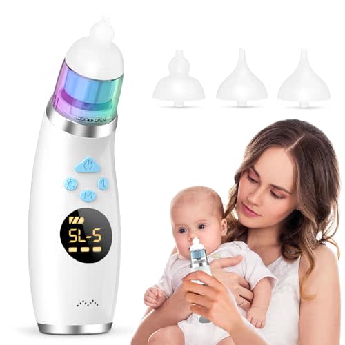 PNRHOME Nasal Aspirator for Baby, Electric Baby Nose Sucker with 5 Levels Suction, Automatic Nose Cleaner with 3 Silicone Tips, Nose Aspirator with Music Soothing Function & Light, Blue