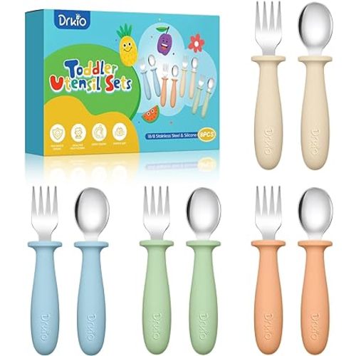 DRKIO 8 Pieces Toddler Utensils Set - Kids Silverware Set with Silicone Handle Children Safe 18/8 Stainless Steel Forks and Spoons Anti-Choke Design Food Grade Dishwasher Safe