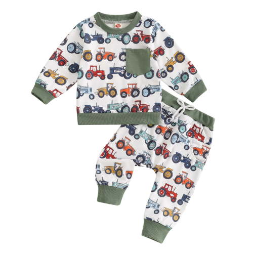 Musuos Baby Boy 2Pcs Farm Outfits 0-3 Years Long Sleeve Tractor Print Pocket Sweatshirt + Long Pants Set Toddler Fall Clothes