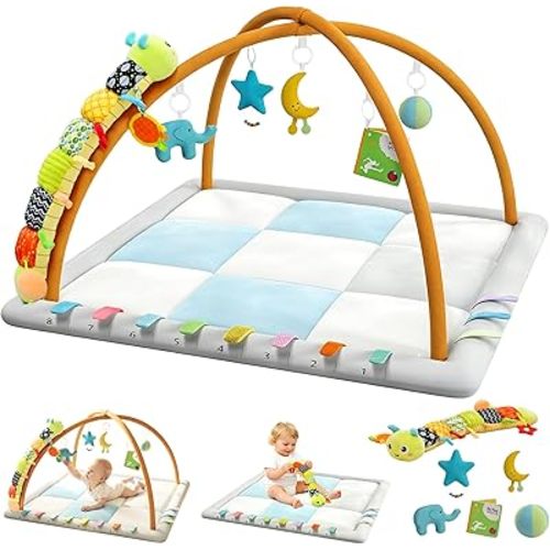 Baby Play Gym & Activity Mat, Baby Tummy time mat w 6 Detachable Toys, Promote Motor Skills & Sensory Development Mat, Newborn Infant Baby Essentials Gift.