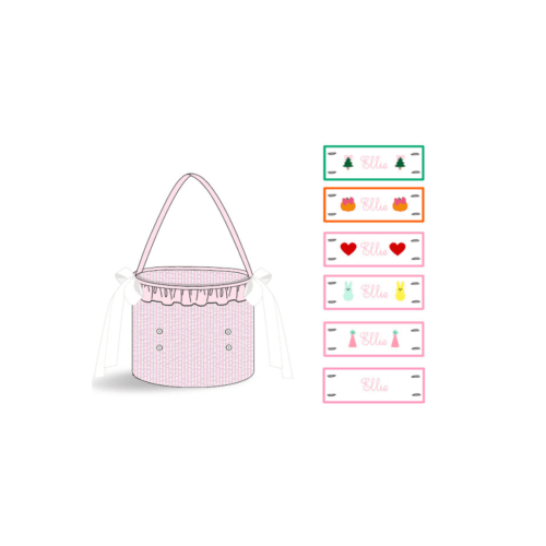 Custom Embroidered Tab Interchangeable Pink Seersucker Treat Basket