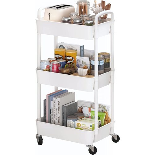 Sywhitta 3-Tier Plastic Rolling Utility Cart with Handle, Multi-Functional Storage Trolley for Office, Living Room, Kitchen, Movable Storage Organizer with Wheels, White - 3-tier