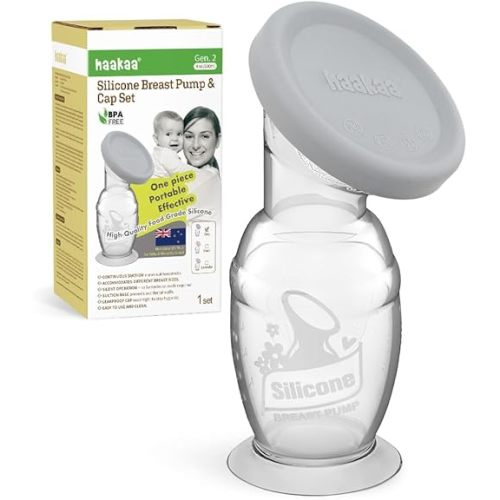 haakaa Manual Breast Pump & Silicone Cap Combo for Nursing Mom (Gray, 4oz. with Base)