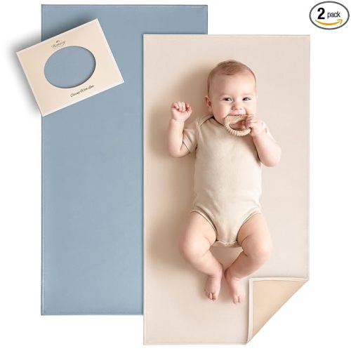 Konssy Faux Leather Baby Changing Mat, Waterproof, Wipeable & Portable Diaper Changing Pad for Travel or Home, Fits Perfectly in Diaper Bag, 30 x 17 inches (Blue,Beige)