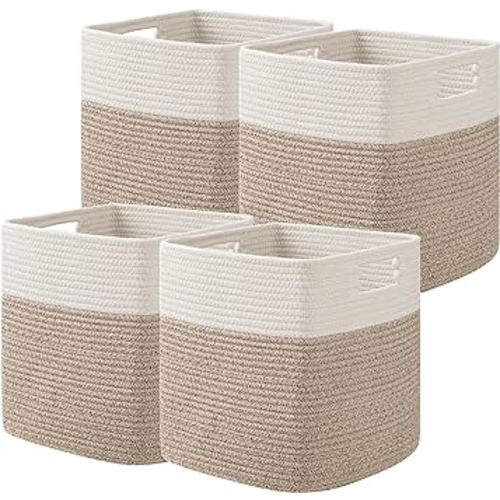 UBBCARE Set of 4 Storage Basket-13 X 13 X 13 in, Cotton Rope Basket for Shelves, Toys, Book, Cube Storage Bins with Handles, Woven Storage Basket for Organizing, White/Brown