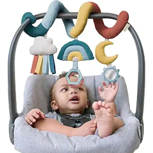 Itzy Ritzy Spiral Car Seat & Stroller Activity Toy - Stroller & Car Seat Toys for Ages 0 Months and Up - Hanging Toys Include Clinking Rings, Mirror and Textured Ribbons (Rainbow)