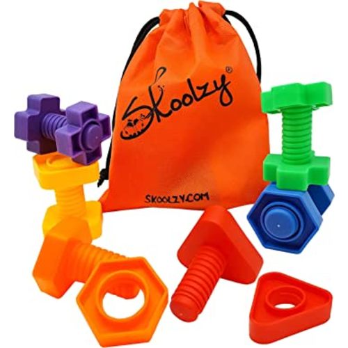 Skoolzy Nuts and Bolts 12 Piece Set Sensory Occupational Therapy STEM Toddler Toys for Kids Develops Fine Motor Skills Boys and Girls Ages 2+ Includes eBook - Travel 12 Piece