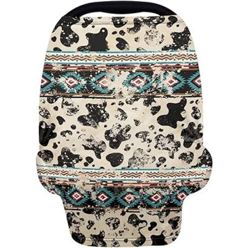 Binienty Aztec Cow Print Nursing Cover for Newborns Girls Boys, Stretchy Breathable Baby Car Seat Covers Infants Canopies