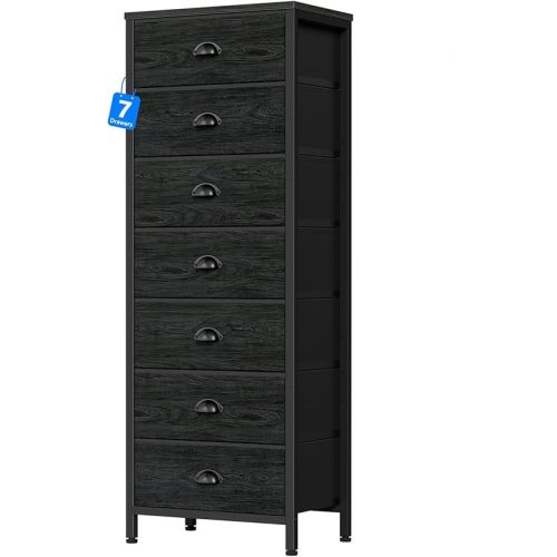 Furnulem Bedroom Dresser, Tall Dressers & Chests of Drawers with 7 Fabric Bins, Black Dresser Organizer in Closet,Dorm,Living Room,Nursery,Hallyway-Storage Tower Unit Sturdy Steel Frame, Black Oak