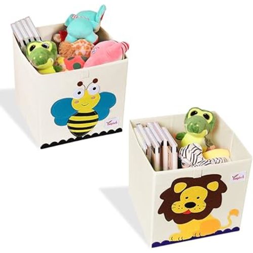 2 Pcs Foldable Animal Toy Storage Box/Bin/Cube, Collapsible Storage Organizer Chest Basket Container for Kids, Toddlers, Boys and Girls(13 x 13 x 13 Inch, Lion & Bee)