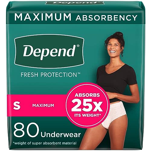 Depend Fresh Protection Adult Incontinence & Postpartum Bladder Leak Underwear for Women, Disposable, Maximum, Small, Blush, 80 Count (2 Packs of 40), Packaging May Vary