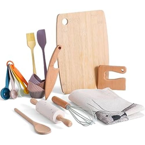 IEATFO Wooden Kids Cooking & Baking Set for Real Cooking, 14 PCS Toddler Montessori Kitchen Tools,Kids Cooking Utensils with Wooden Knife Set,Cutting Board,Apron and Rolling Pin, Food Grade Materials