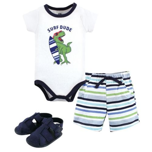Hudson Baby Infant Boy Cotton Bodysuit, Shorts And Shoe Set, Surf Dude, 0-3 Months