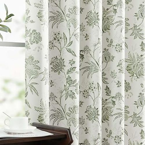 Vangao Blackout for Bedroom 63 Inches Long Floral for Living Room Printed Flower Blackout Drapes Leaf Pattern Thermal Farmhouse Window Drapes 2 Panels Green and White