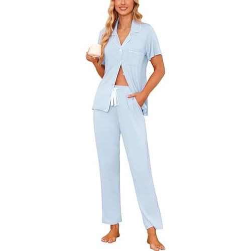 Samring Women's Short Sleeve Shirt and Pajama Pant Pj Set Button Down Sleepwear 2 Piece Sleep Set for Women