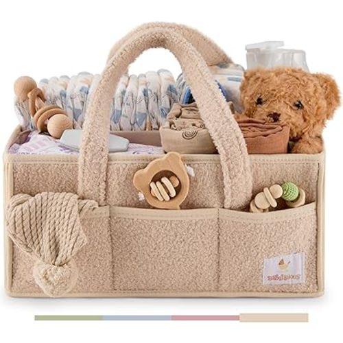 Babylicious Baby Diaper Caddy Organizer | Changing Table Organizer for Wipes and Diapers | Teddy Diaper Organizer for Changing Table | Newborn Essentials Must Haves for Parents - Warm Sand