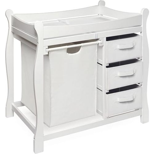 Badger Basket Sleigh Style Baby Changing Table with Laundry Hamper and 3 Storage Drawers - Gray