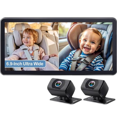 2-Kids Baby Car Camera for Seat: 6.9 Inch Ultrawide Display with Two Cameras Rear Facing - USB Powered Backseat Camera HD 1080P Easy to Install