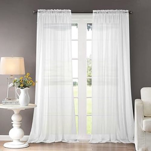 Dreaming Casa Solid Sheer Curtains White Rod Pocket Voile Draperies 84 Inches Long for Living Room 52" W x 84" L 2 Panels