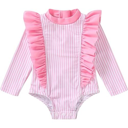 YOUNGER TREE Baby Swimsuit Girl Long Sleeve Ruffle Zipper Rash Guard Infant One Piece Swimwear Toddler Bathing Suit Girl