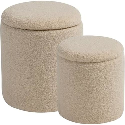 Round Ottoman with Storage Set of 2-Upholstered Velvet Vanity Stool for Makeup Multifunctional Ottomans Coffee Table Padded Seat Foot Rest for Living Room&Bedroom (Cream)