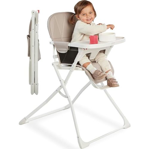 Primo PopUp Folding High Chair for Baby Age 6 to 36 Months - Taupe Folding Beach Style High Chair with Removable Dishwasher Safe Tray, 3pt Safety Harness, Leatherette Seat - Space Saving Design