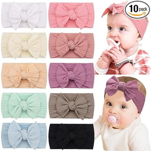 CÉLLOT 10 Colors Super Stretchy Soft Knot Baby Girl Headbands with Hair Bows Nylon Head Wrap For Newborn Baby Girls Infants Toddlers Kids E-10pcs