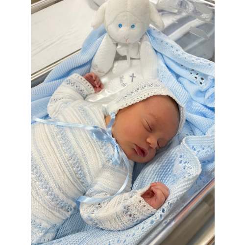 Stripes Baby Knit Set in White and Sky Blue