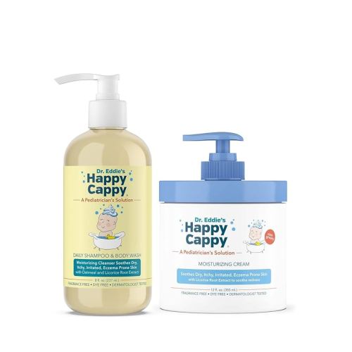 Happy Cappy Baby Shampoo and Body Wash and Moisturizing Cream Bundle - Eczema Body Wash and Lotion for Kids, Toddler, Adults, Helps with Dryness, Reduces Itching, Dermatologist Tested, Fragrance-Free
