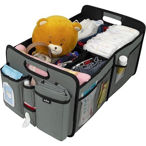 Baby Diaper Caddy Organizer – Baby Caddy with Diaper Changing Mat, Car Diaper Caddy with 3 Compartments, 8 Mesh Pockets & Zipper Pocket – Portable Changing table Organizer for Diapers, Grey