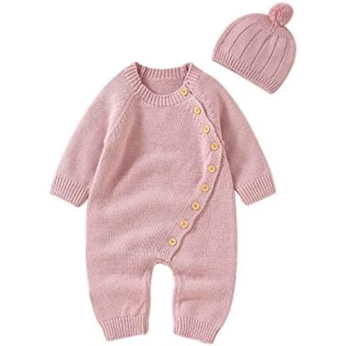 Newborn Baby Girls Boys Sweater Jumpsuit Winter Knit Romper Clothes Button Solid Bodysuit Jumpsuit Hat 2pcs Outfit