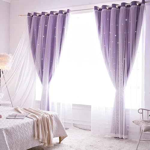 Purple Star Curtains for Girls Bedroom Double Layer Star Cut Out Curtains for Living Room 2 Panels Set 63 Inch Hollow Out Blackout Curtains for Nursery (Purple, 2 Panels W52 X L63 Inches)