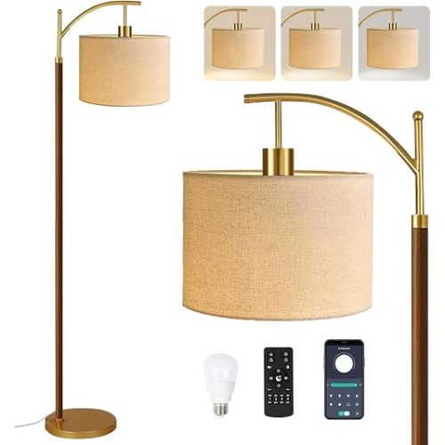 ILLMTW Wood Floor Lamp for Living Room,Bedroom,Vintage Mid Century Modern Standing Lamp with Remote Dimmable,Arc Boho Gold Tall Lamp Fabric Lamp Shade Floor Lights Bohemian Tiffany Style