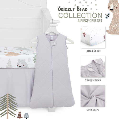 Evolur Grizzly Bear Collection 3pc Crib Set (Fitted Sheet, Snuggle Sack, Crib Skirt) in Rocky Grey & Bear Print