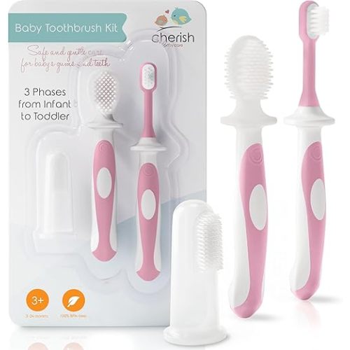 Cherish Baby Care Award-Winning Baby Toothbrush Set (3-24 Months) - Baby Finger Toothbrush, Training Toothbrush & Toddler Toothbrush - BPA-Free Infant Toothbrush Set, Baby First Toothbrush Set (Pink)