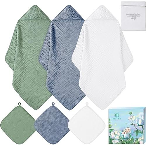 Soft Hooded Baby Towels for Newborn Babies 6 Pack 100% Cotton Muslin Baby Bath Towel with Hood, Absorbent Baby Bath Towels for Boys and Girls (Blue & Green & White)