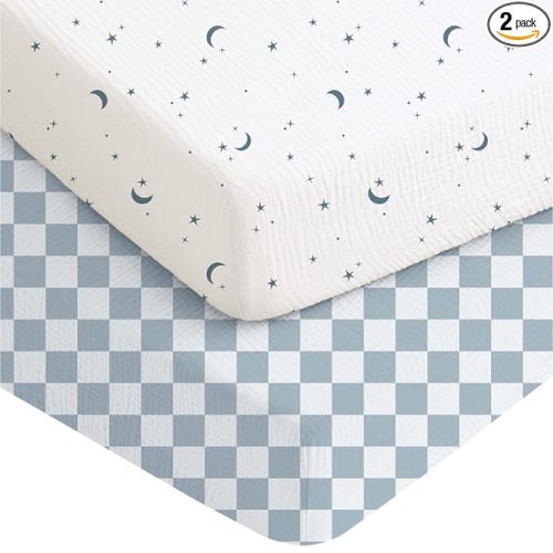 Konssy Muslin Crib Sheets for Boys, Soft Cotton Neutral Baby Sheets for Standard Crib Mattress 2 Pack, 52"x28" (Dreamfield Sky,Baby Blue Plaid)