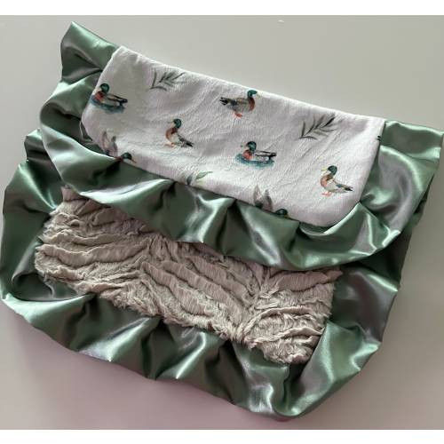 Baby Boy Duck LOVIE BLANKET Mallard Duck Hunting Minky Frosted Camel Beige Backing Sage Green Satin Diaper Bag Nursery Baby Boy Baby Shower