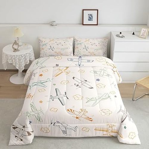 Aircraft Sketch Comforter for Boys Kids,Colorful Airplane Comforter Set Queen Size Home Decor,Soft Cartoon Airplanes Bedding Set,Cartoon Style Teens Bedroom Down Duvet,1 Comforter with 2 Pillowcases